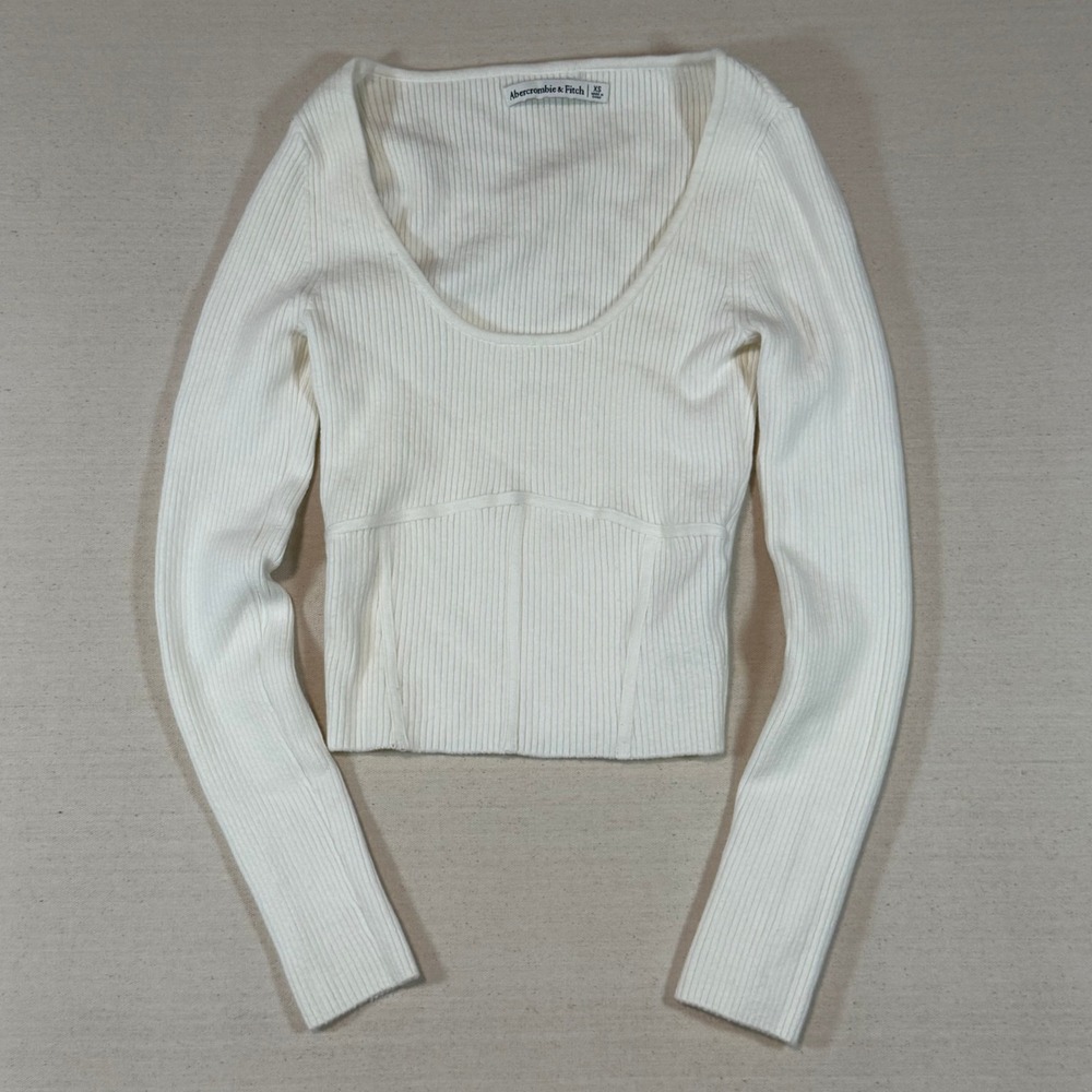 Abercrombie & Fitch White Ribbed Scoop Neck Corset Seam Top XS Long Sleeve